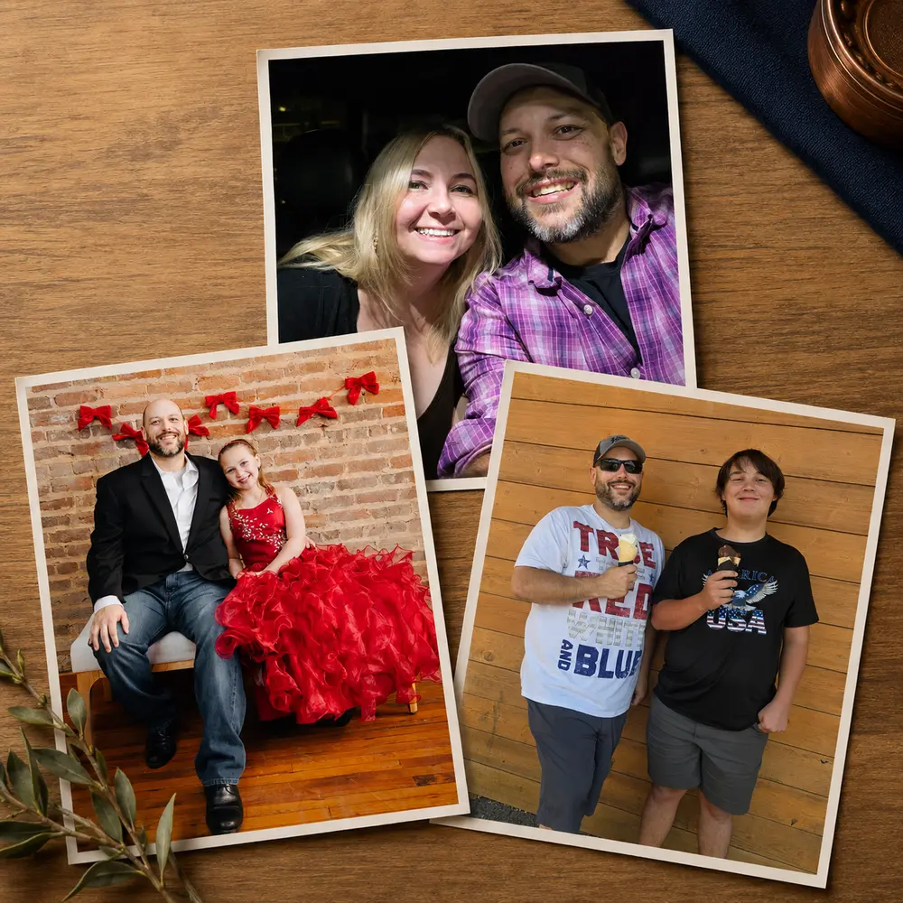 Jason Cocklin with his daughter Annie, his wife Sally, and his son Sebastian in three family photographs